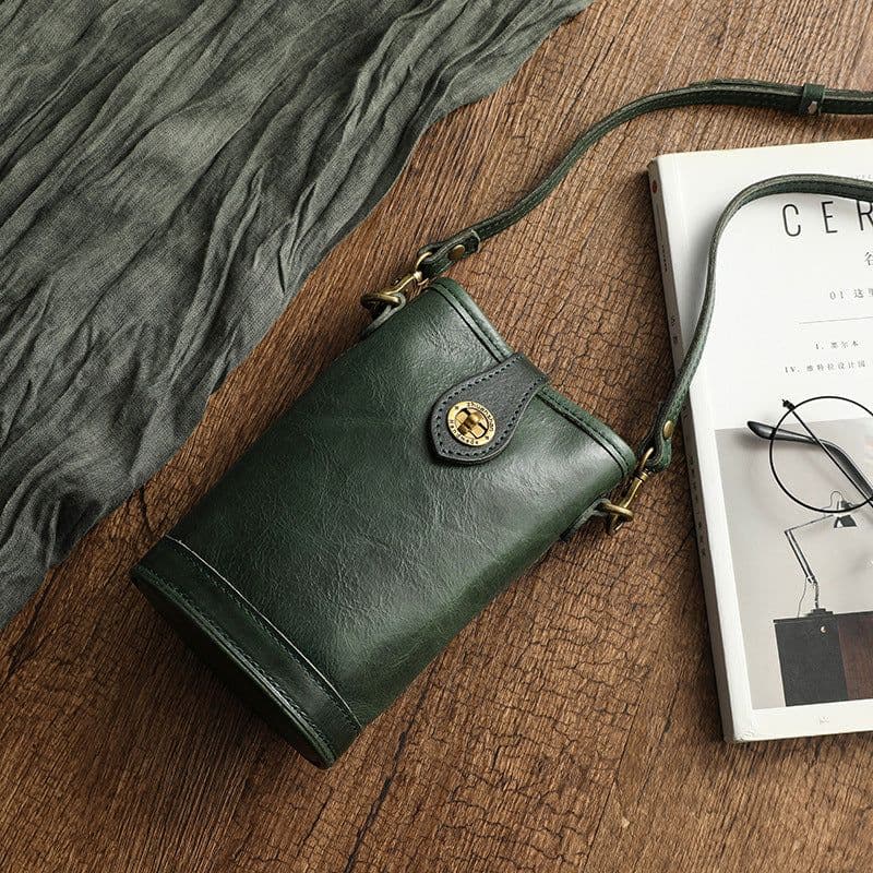 image-Original Mobile Phone Bag Vegetable Tanned Oil Wax Cowhide Round Barrel Small Bag