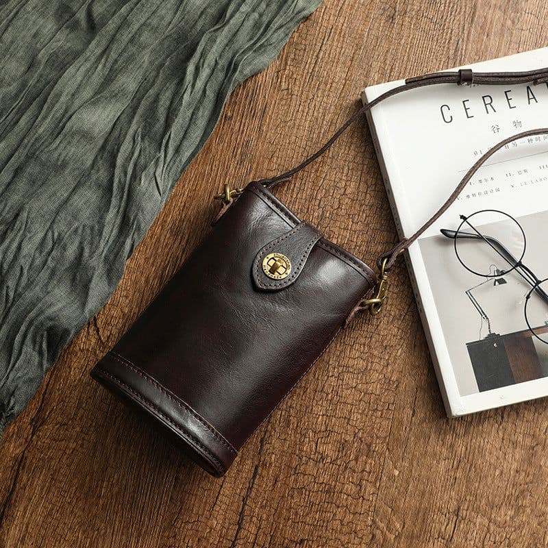 image-Original Mobile Phone Bag Vegetable Tanned Oil Wax Cowhide Round Barrel Small Bag