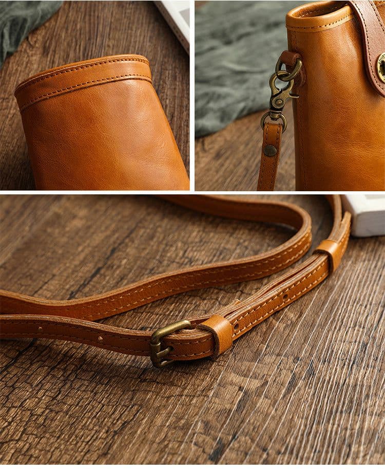 image-Original Mobile Phone Bag Vegetable Tanned Oil Wax Cowhide Round Barrel Small Bag