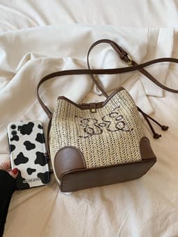image-Women's Straw Seaside Vacation Beach Woven Bucket Bag