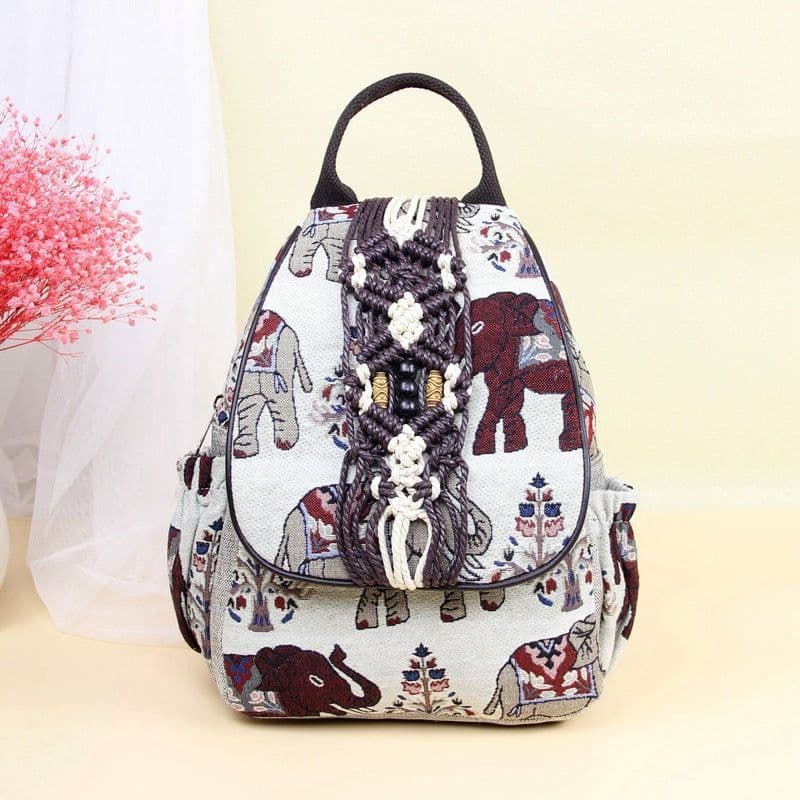 image-Women's Fashion Retro Double Layer Zipper Elephant Cotton And Linen Backpack