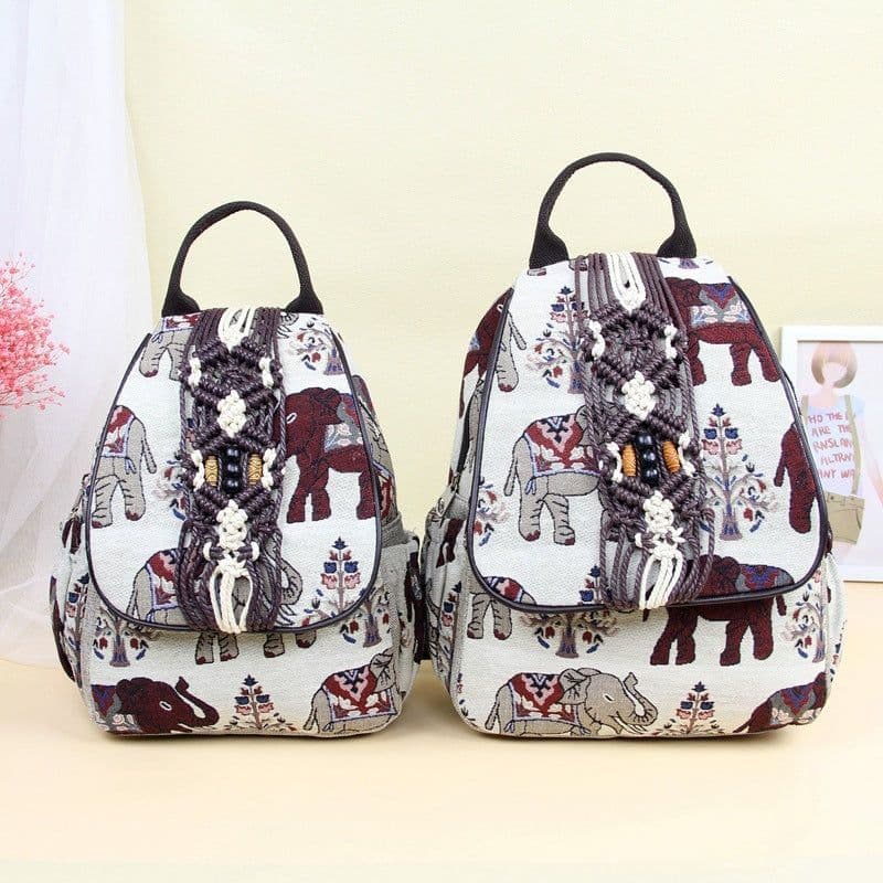 image-Women's Fashion Retro Double Layer Zipper Elephant Cotton And Linen Backpack