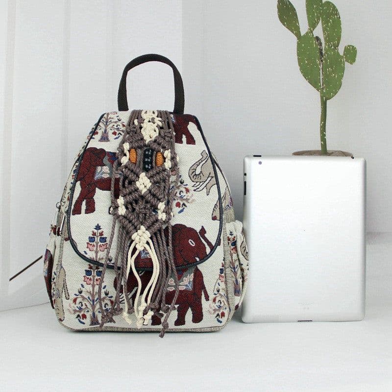 image-Women's Fashion Retro Double Layer Zipper Elephant Cotton And Linen Backpack