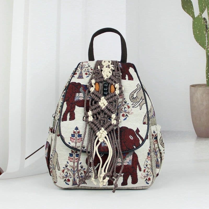 image-Women's Fashion Retro Double Layer Zipper Elephant Cotton And Linen Backpack