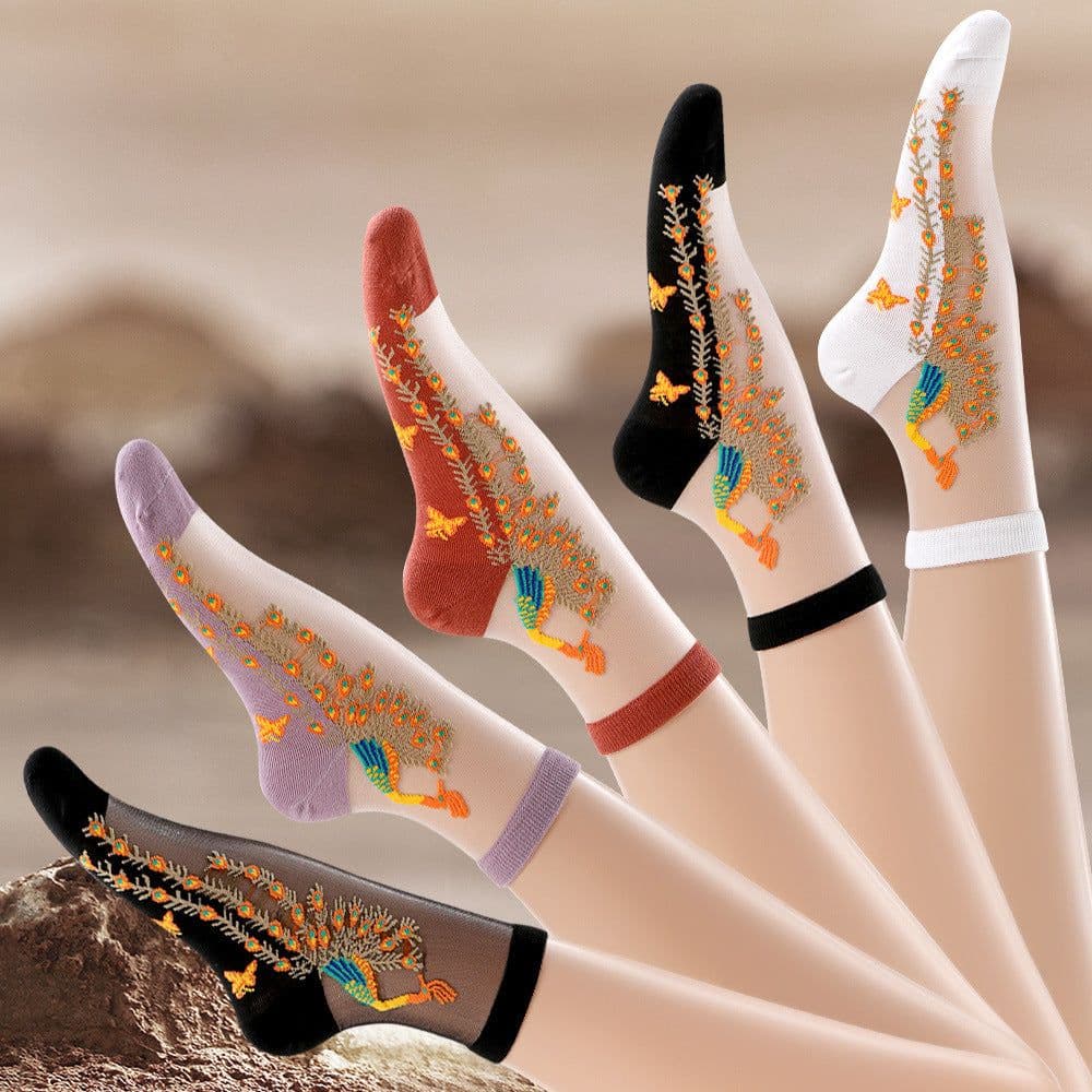 image-Socks, Children's Mid Tube Glass Silk Short Socks, Peacock