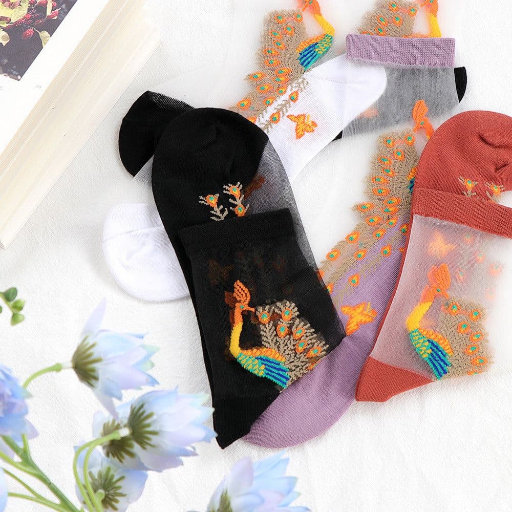 image-Socks, Children's Mid Tube Glass Silk Short Socks, Peacock