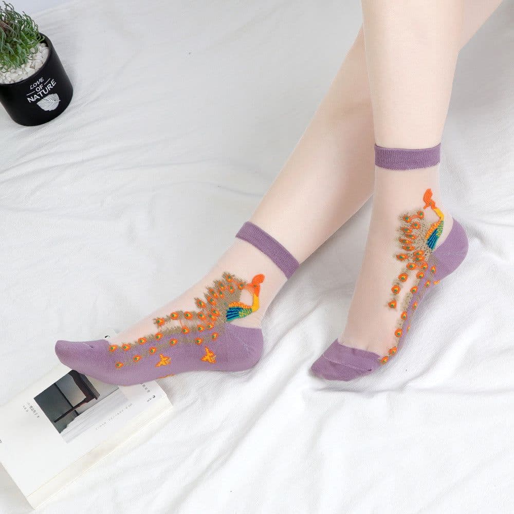 image-Socks, Children's Mid Tube Glass Silk Short Socks, Peacock