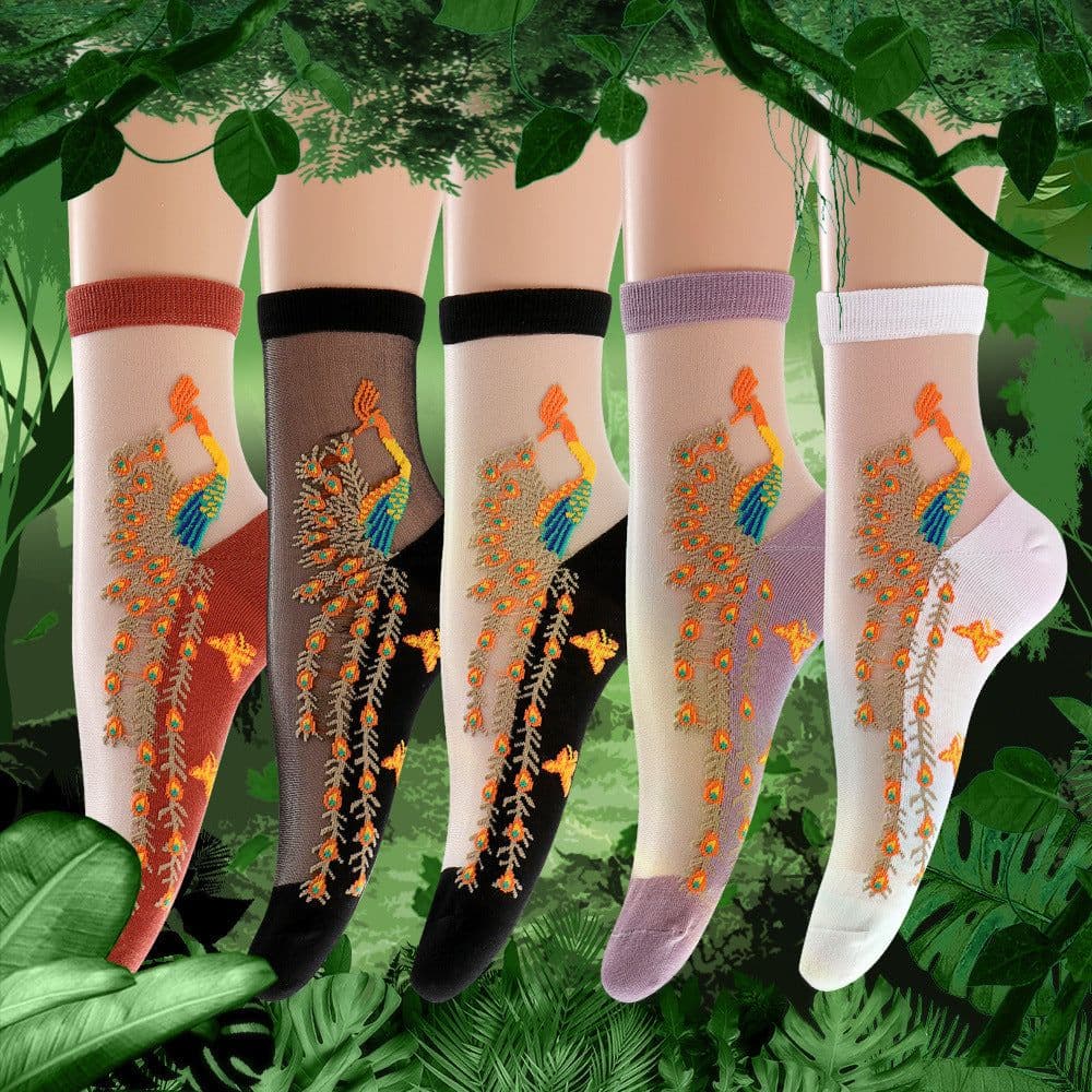 image-Socks, Children's Mid Tube Glass Silk Short Socks, Peacock
