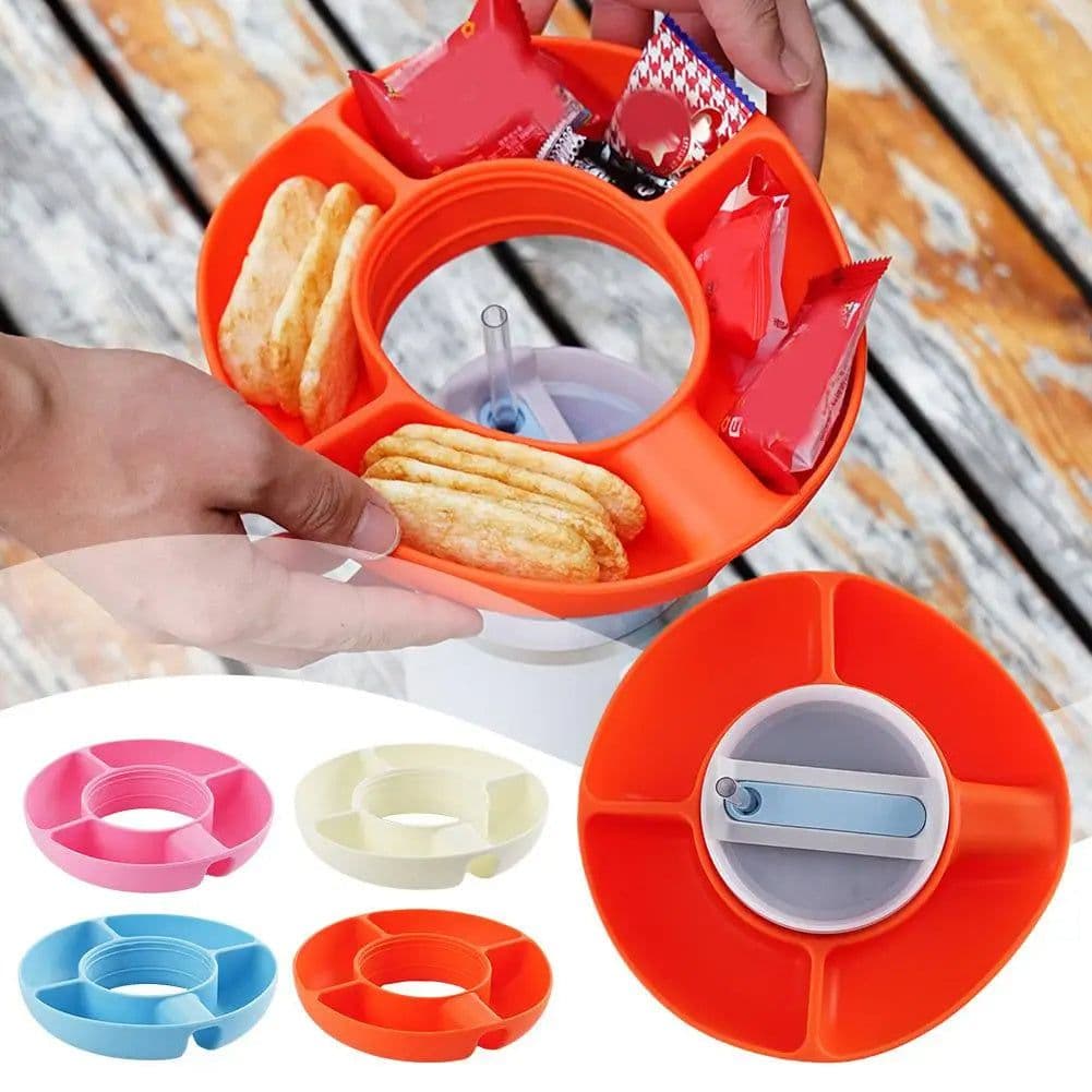 image-Silicone Snack For Cup 40 Oz Reusable Snack Container 4 Compartment Snack Platters Cup Snack Bowl Cup Holder Food Tray