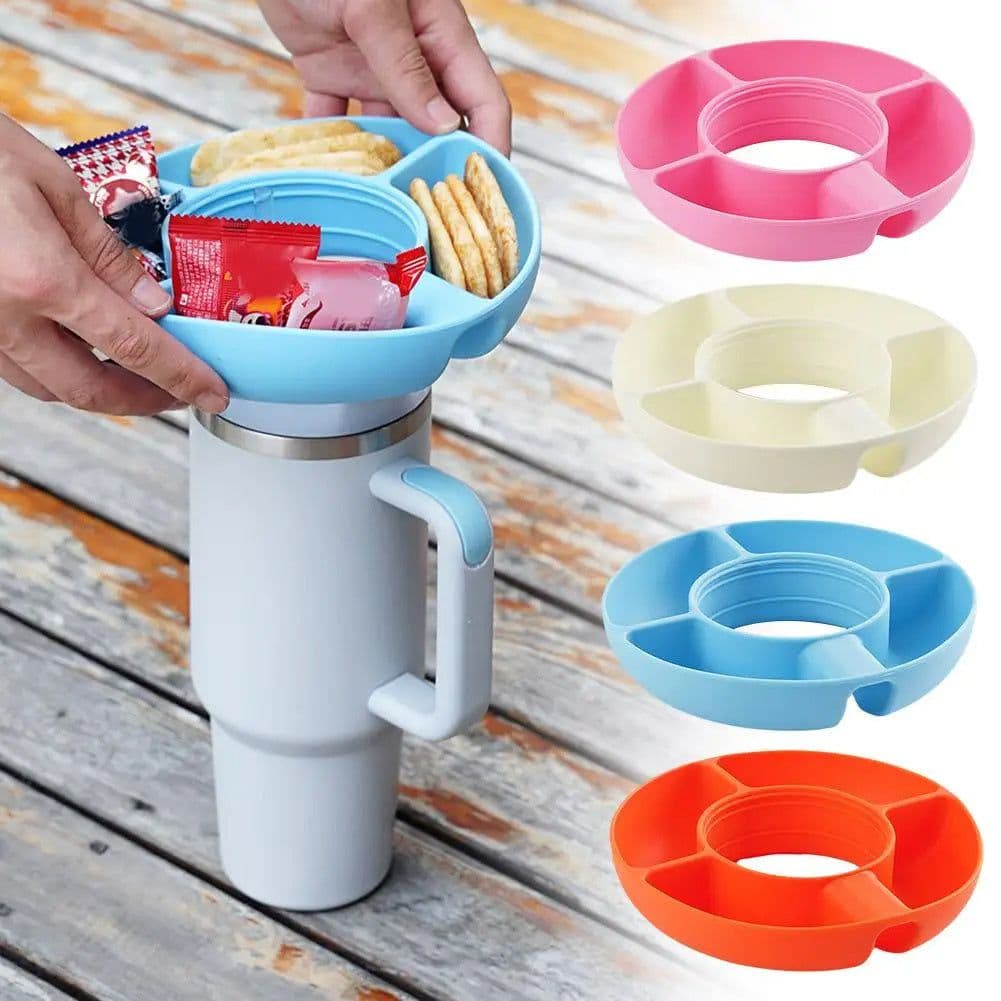 image-Silicone Snack For Cup 40 Oz Reusable Snack Container 4 Compartment Snack Platters Cup Snack Bowl Cup Holder Food Tray