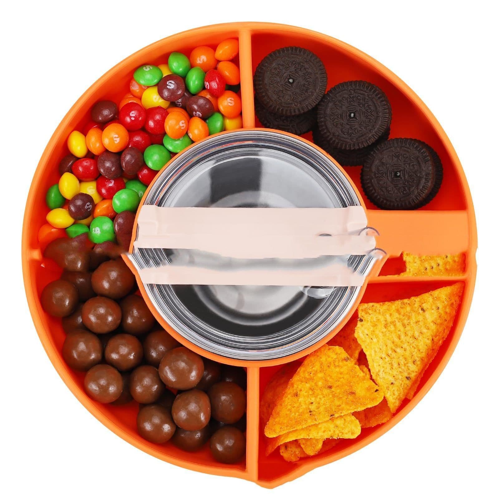 image-Silicone Snack For Cup 40 Oz Reusable Snack Container 4 Compartment Snack Platters Cup Snack Bowl Cup Holder Food Tray