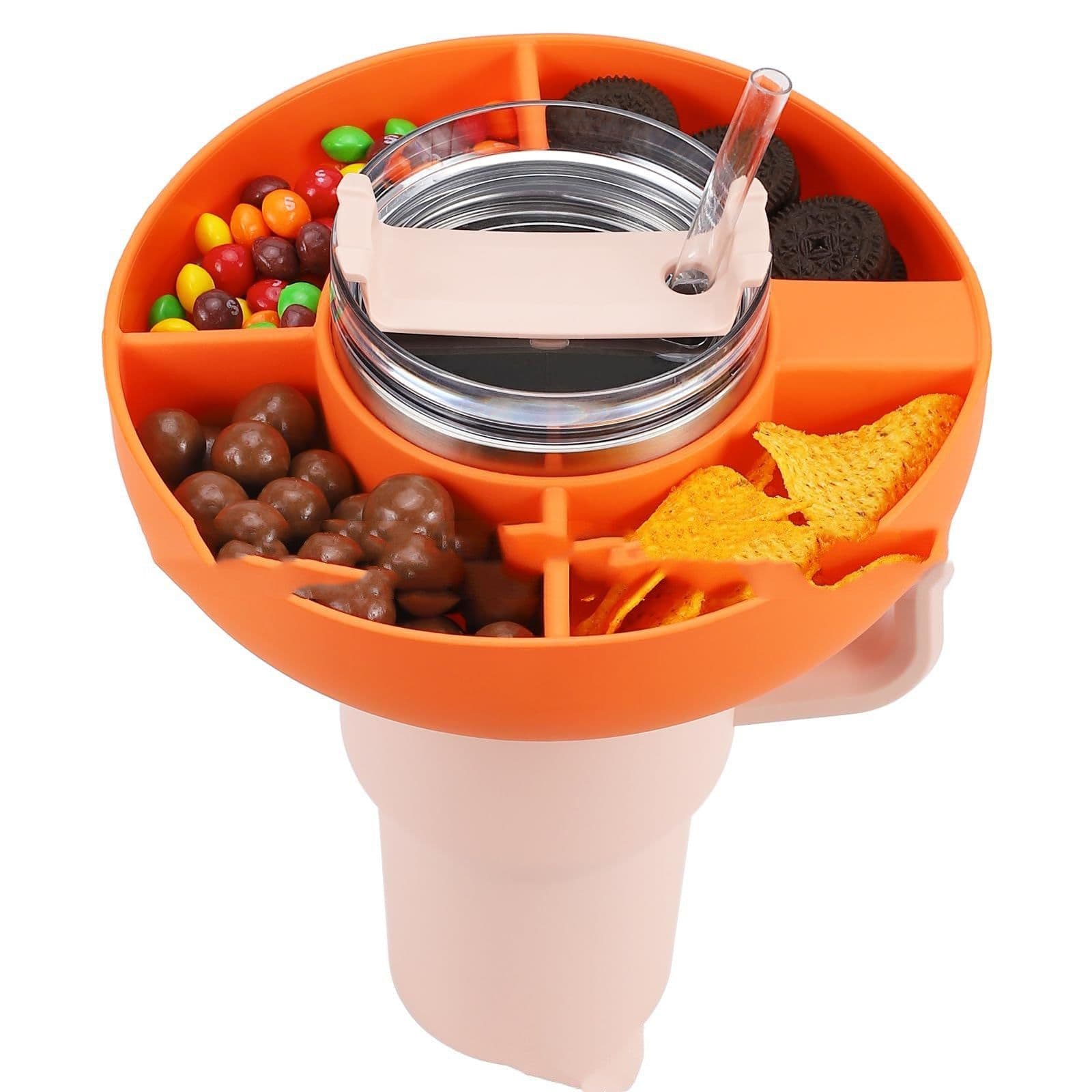 image-Silicone Snack For Cup 40 Oz Reusable Snack Container 4 Compartment Snack Platters Cup Snack Bowl Cup Holder Food Tray