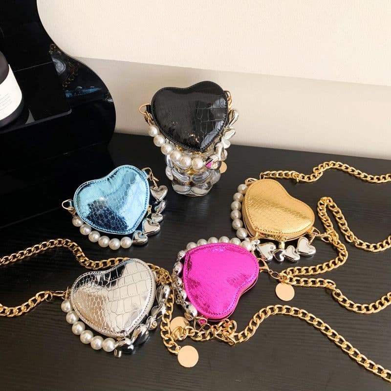 image-Mini Love-shape Pearls Handbag Fashion Cute Chain Lipstick Bag Women's Bright Candy Color Shoulder Messenger Bag