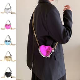 image-Mini Love-shape Pearls Handbag Fashion Cute Chain Lipstick Bag Women's Bright Candy Color Shoulder Messenger Bag