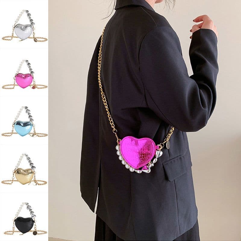 image-Mini Love-shape Pearls Handbag Fashion Cute Chain Lipstick Bag Women's Bright Candy Color Shoulder Messenger Bag