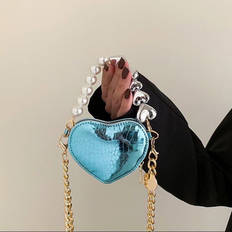 image-Mini Love-shape Pearls Handbag Fashion Cute Chain Lipstick Bag Women's Bright Candy Color Shoulder Messenger Bag