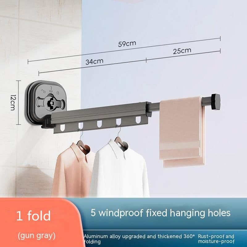 image-Suction Cup Folding Clothes Hanger Indoor Home Balcony Aluminum Retractable Drying Rack No Punching Folding Clothes Hanger