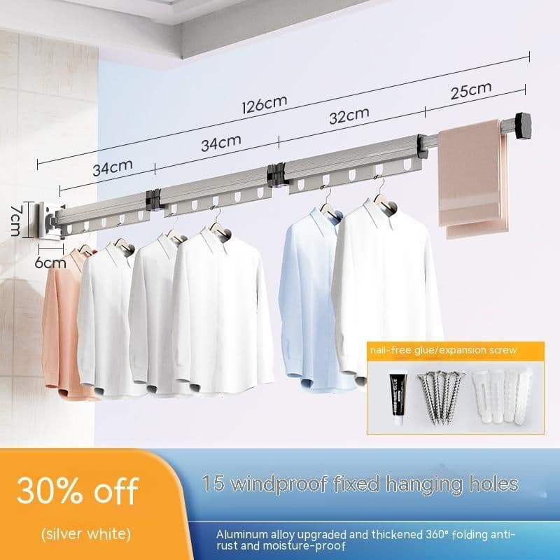 image-Suction Cup Folding Clothes Hanger Indoor Home Balcony Aluminum Retractable Drying Rack No Punching Folding Clothes Hanger