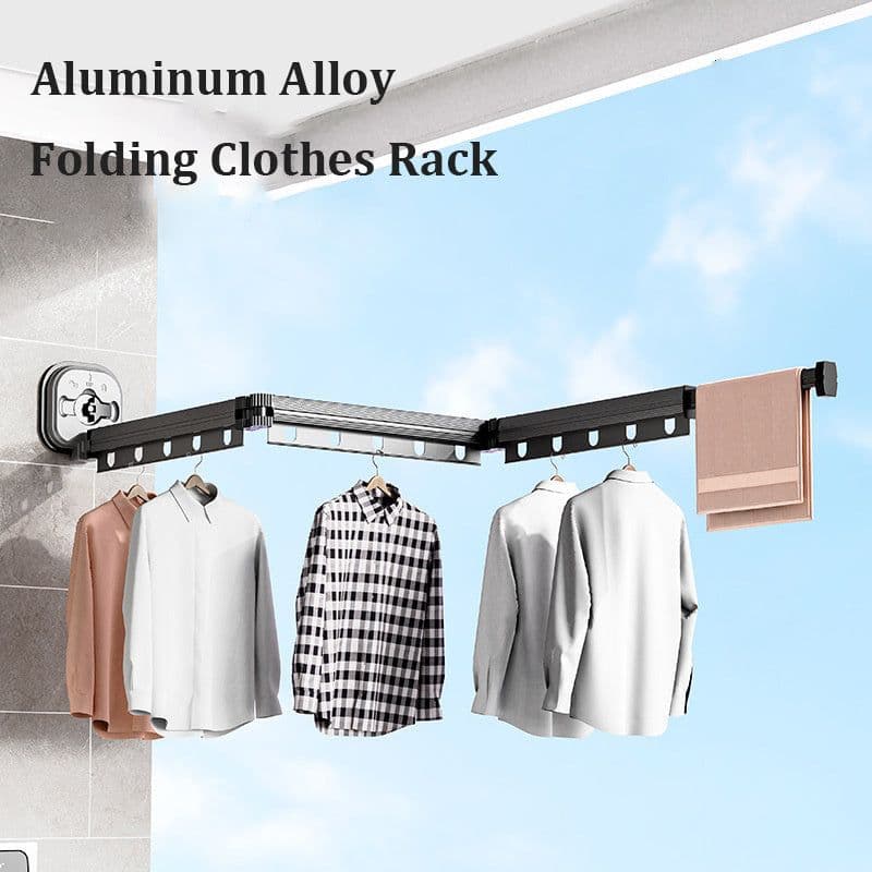image-Suction Cup Folding Clothes Hanger Indoor Home Balcony Aluminum Retractable Drying Rack No Punching Folding Clothes Hanger