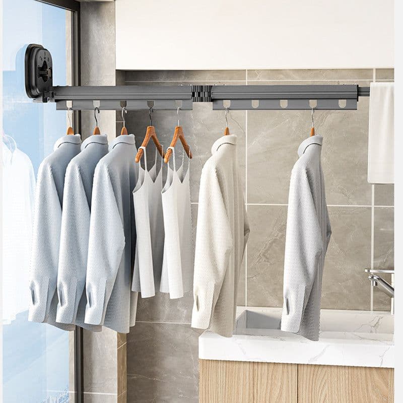 image-Suction Cup Folding Clothes Hanger Indoor Home Balcony Aluminum Retractable Drying Rack No Punching Folding Clothes Hanger
