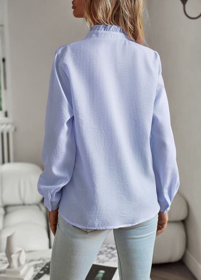image-Striped Long Sleeve Shirt Fashion Ruffle Design Button Up Tops Casual Office Blouse Elegant Commuting Women's Clothing