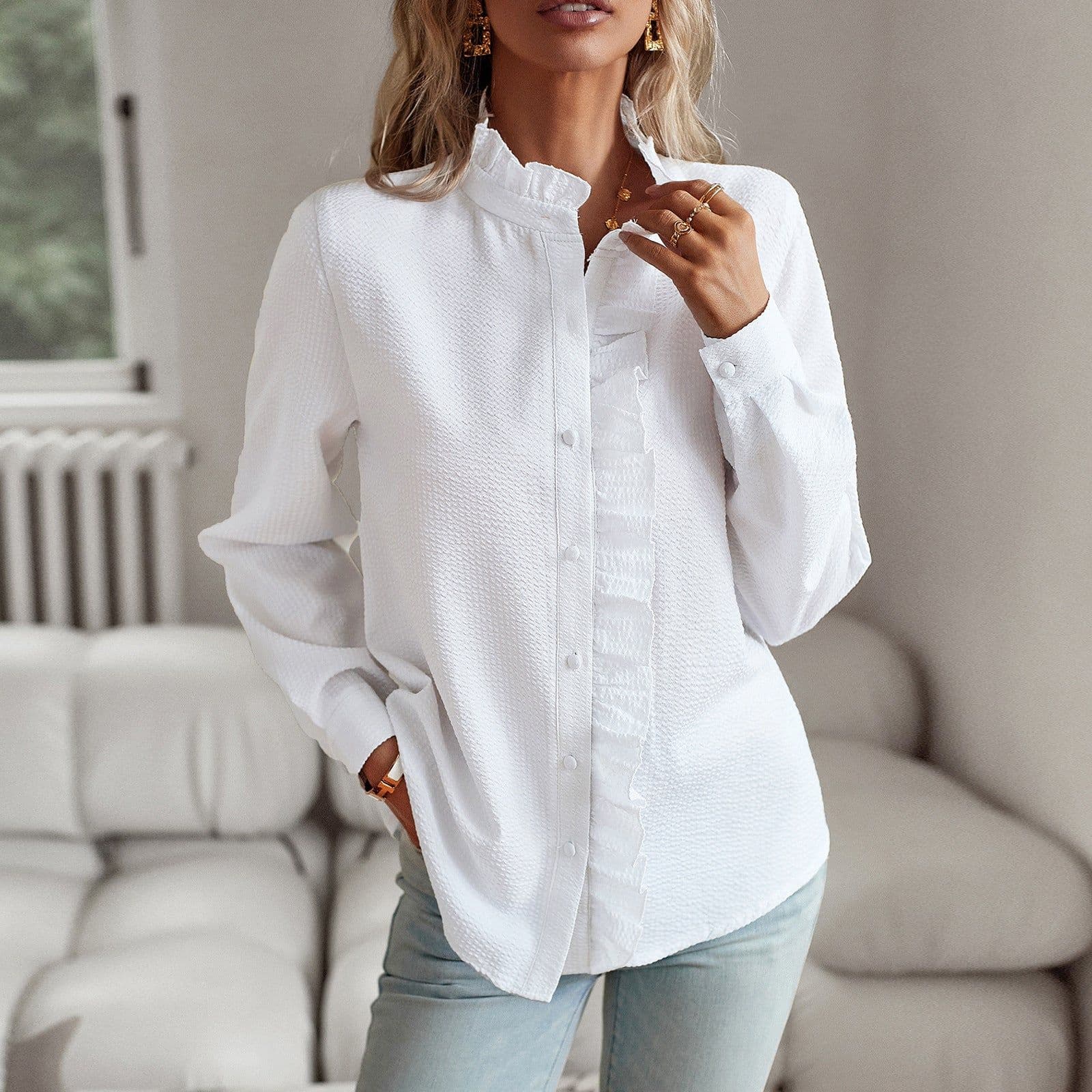 image-Striped Long Sleeve Shirt Fashion Ruffle Design Button Up Tops Casual Office Blouse Elegant Commuting Women's Clothing