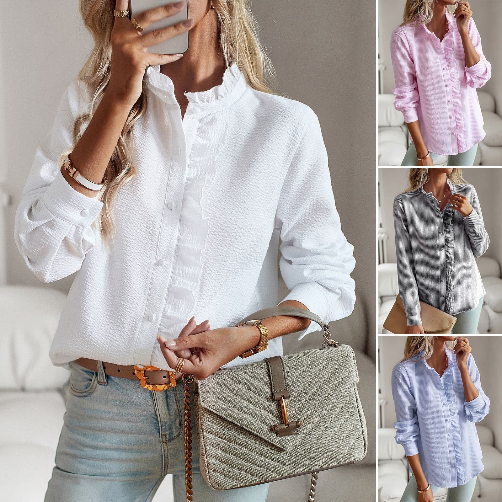 image-Striped Long Sleeve Shirt Fashion Ruffle Design Button Up Tops Casual Office Blouse Elegant Commuting Women's Clothing