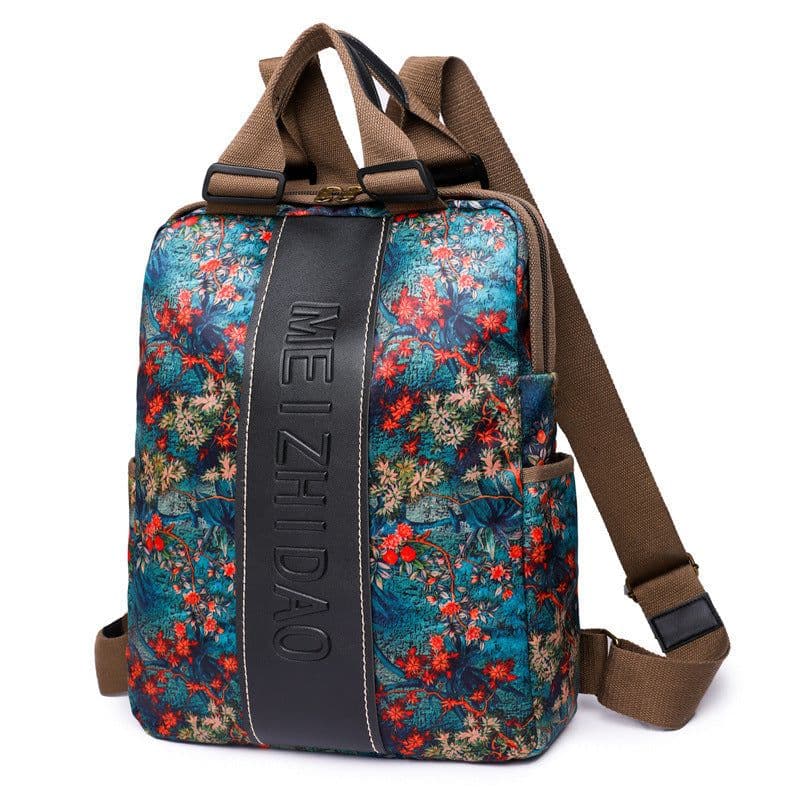 image-Retro Printed Wear-resistant Splash Proof Large Capacity Stitching Backpack For Women
