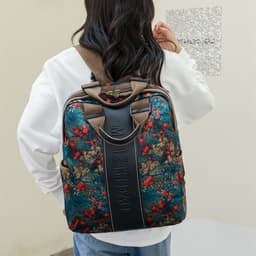 image-Retro Printed Wear-resistant Splash Proof Large Capacity Stitching Backpack For Women