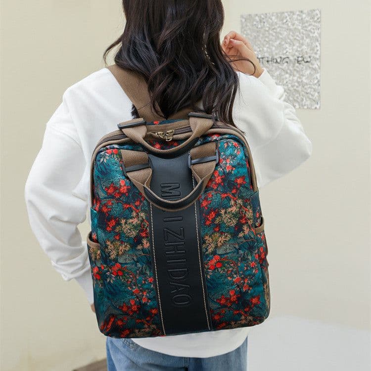 image-Retro Printed Wear-resistant Splash Proof Large Capacity Stitching Backpack For Women