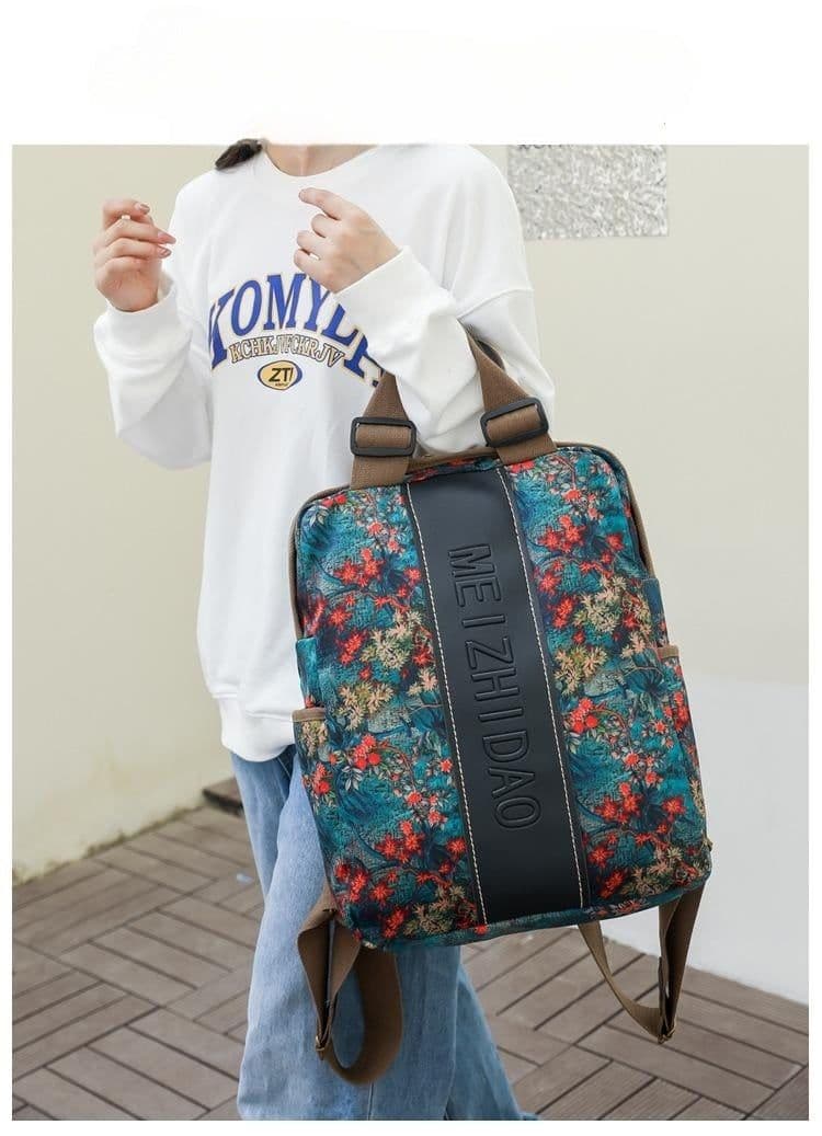 image-Retro Printed Wear-resistant Splash Proof Large Capacity Stitching Backpack For Women
