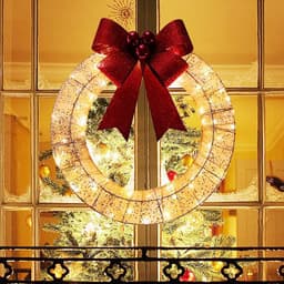 image-Christmas Garland 50CM Luminous LED Warm Light Metal Luminous Wreath With Big Bowknot Christmas Front Door Home Holiday Party Door Hanging Decor