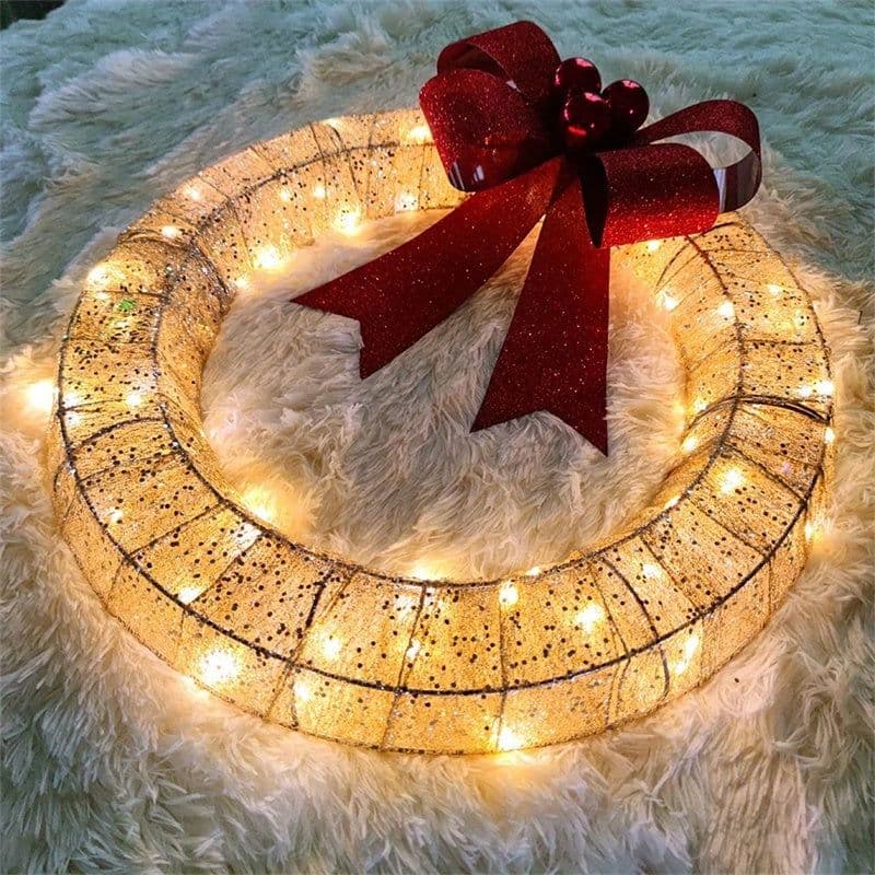 image-Christmas Garland 50CM Luminous LED Warm Light Metal Luminous Wreath With Big Bowknot Christmas Front Door Home Holiday Party Door Hanging Decor
