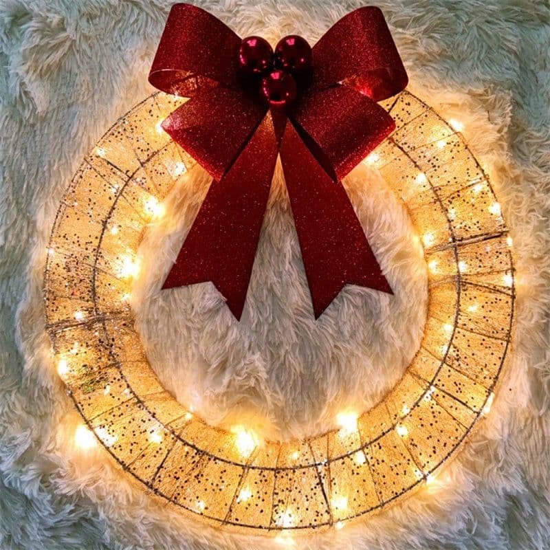 image-Christmas Garland 50CM Luminous LED Warm Light Metal Luminous Wreath With Big Bowknot Christmas Front Door Home Holiday Party Door Hanging Decor