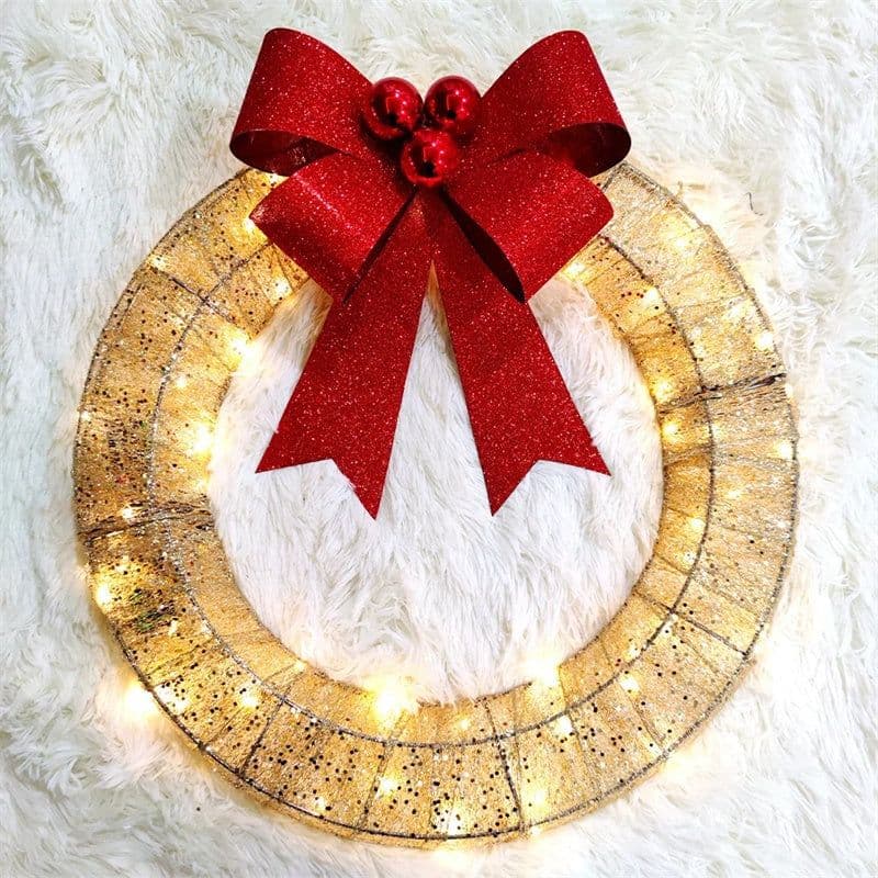 image-Christmas Garland 50CM Luminous LED Warm Light Metal Luminous Wreath With Big Bowknot Christmas Front Door Home Holiday Party Door Hanging Decor