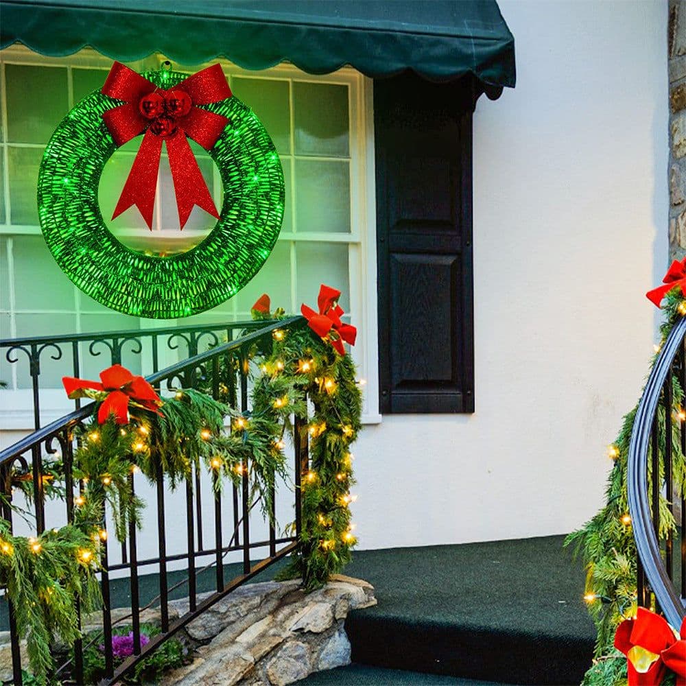 image-Christmas Garland 50CM Luminous LED Warm Light Metal Luminous Wreath With Big Bowknot Christmas Front Door Home Holiday Party Door Hanging Decor