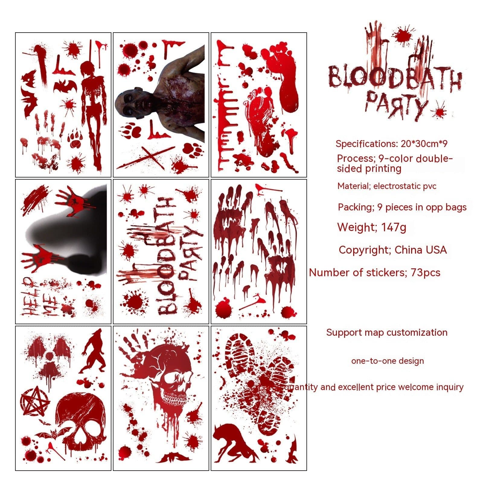 image-Halloween Window Stickers Horror Blood Handprint Footprint Fingerprint Window Electrostatic Sticker Halloween Decorations