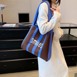 image-Women's Woven Fabric Tote Bag Contrast Color Large Capacity