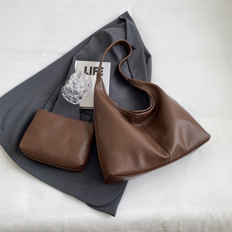 image-2Pcs Handbags Large Capacity Bag Women Underarm Korean Style Soft Pu Leather Shopping Shouder Bags With Small Wallet