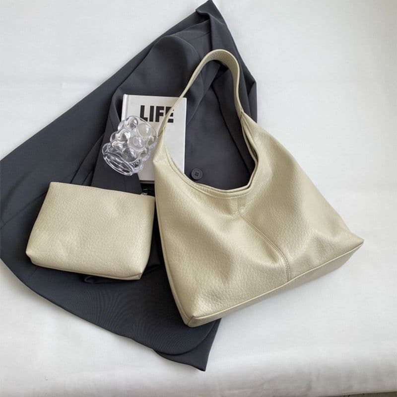 image-2Pcs Handbags Large Capacity Bag Women Underarm Korean Style Soft Pu Leather Shopping Shouder Bags With Small Wallet