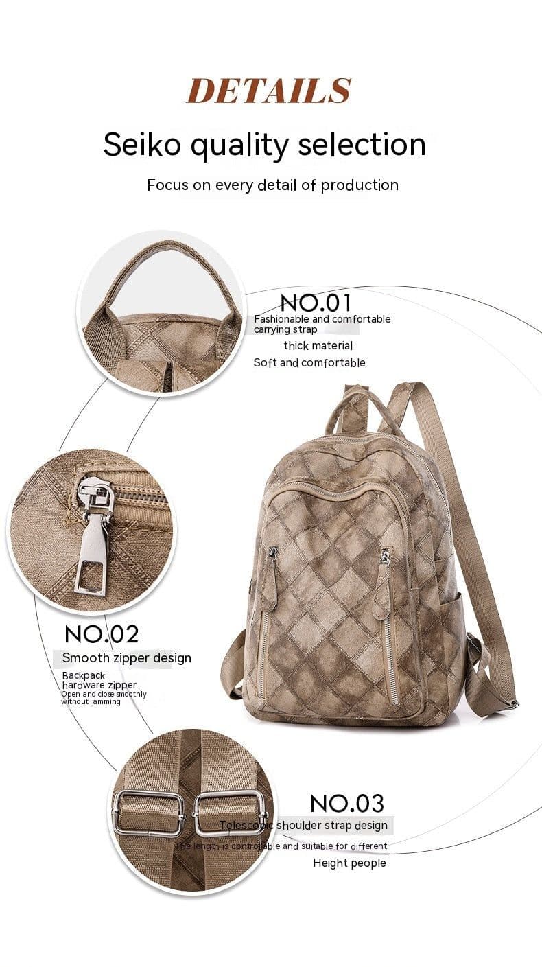 image-Casual Retro Women's Soft Leather Fashion Rhombus Urban Simple Backpack