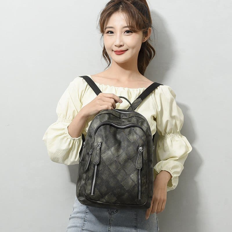 image-Casual Retro Women's Soft Leather Fashion Rhombus Urban Simple Backpack
