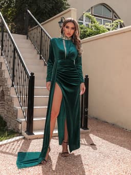 image-Women's Korean Velvet High Neck Sexy Evening Dress