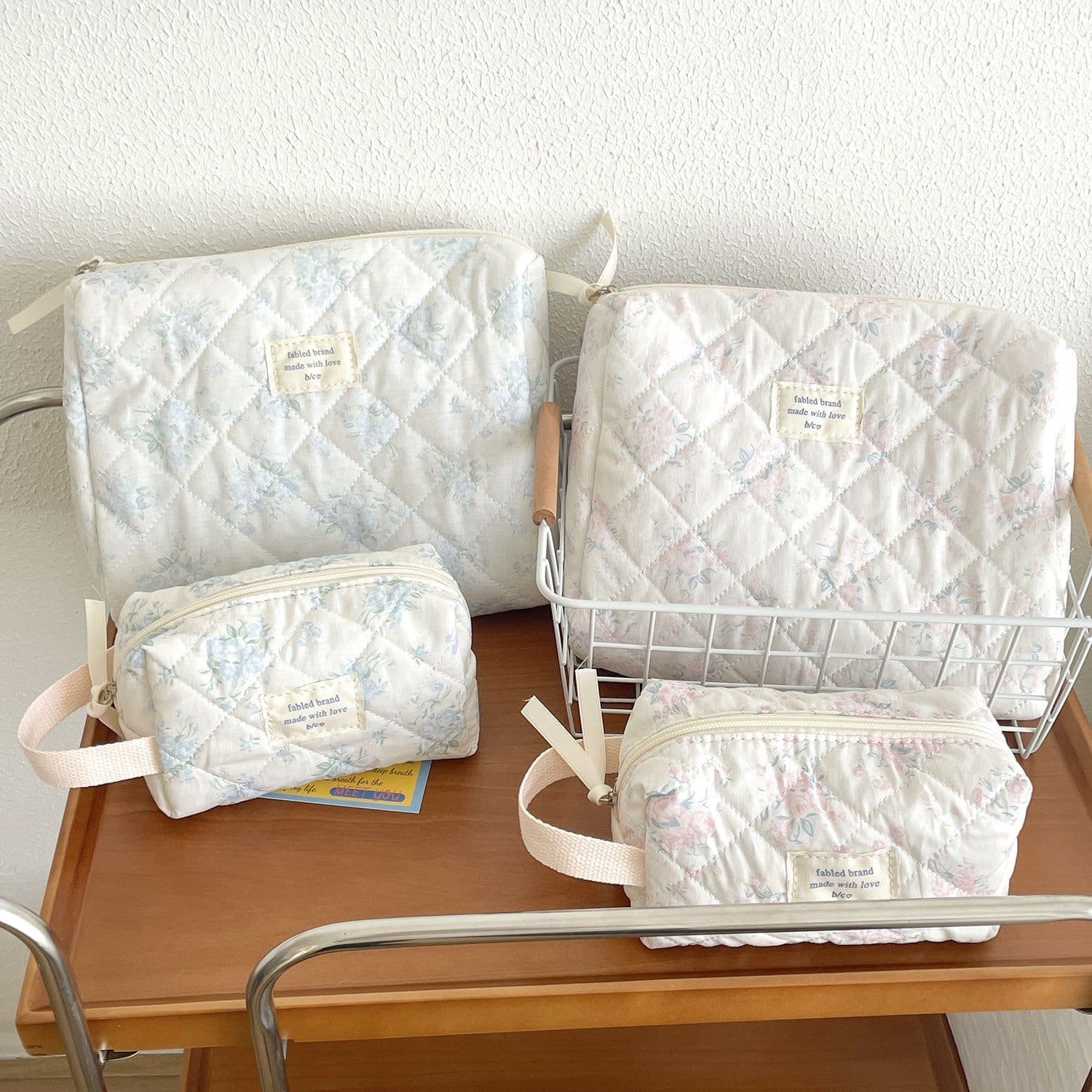 image-Navy Floral Clutch Cosmetic Bag Korean Style Cute Girl Heart Kitty Storage Bag Sewing Thread Cotton Bag