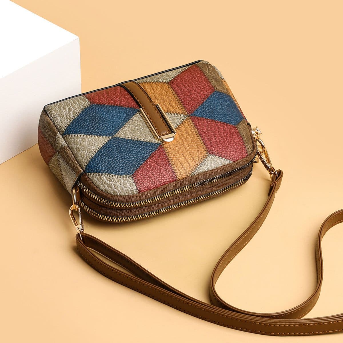 image-Color Matching Stitching Ethnic Fashion Trend Double Zipper Messenger Bag