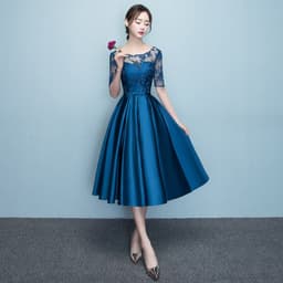 image-Western Style Summer Banquet Mid-length Elegant Party Blue Slim-looking Annual Party Evening Dress
