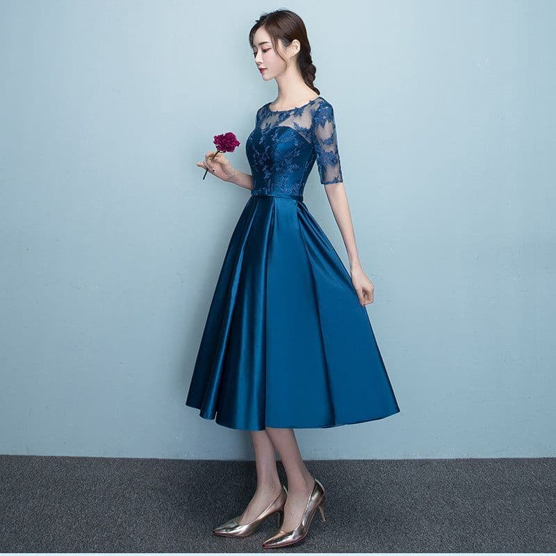 image-Western Style Summer Banquet Mid-length Elegant Party Blue Slim-looking Annual Party Evening Dress