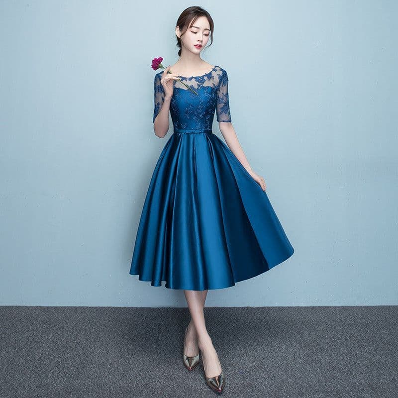 image-Western Style Summer Banquet Mid-length Elegant Party Blue Slim-looking Annual Party Evening Dress