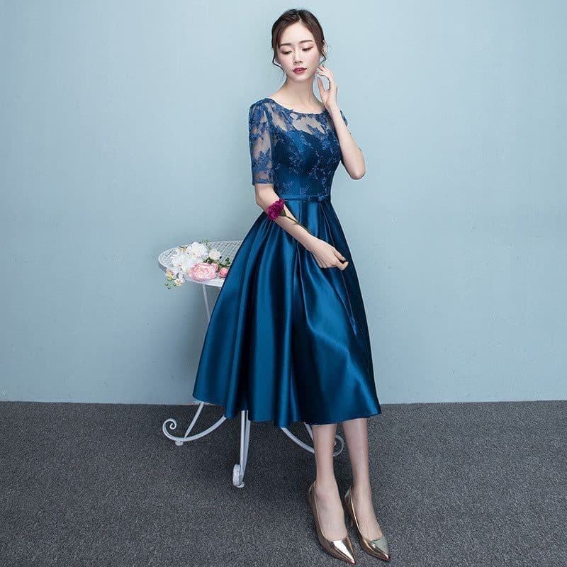 image-Western Style Summer Banquet Mid-length Elegant Party Blue Slim-looking Annual Party Evening Dress