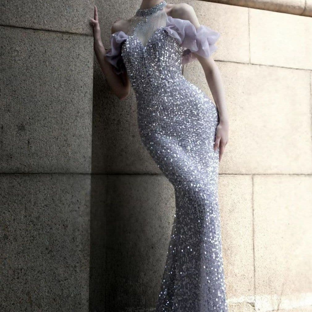 image-Purple Host Starry Sky Annual Meeting Beaded Toast Dress Halter Model Catwalk Fishtail